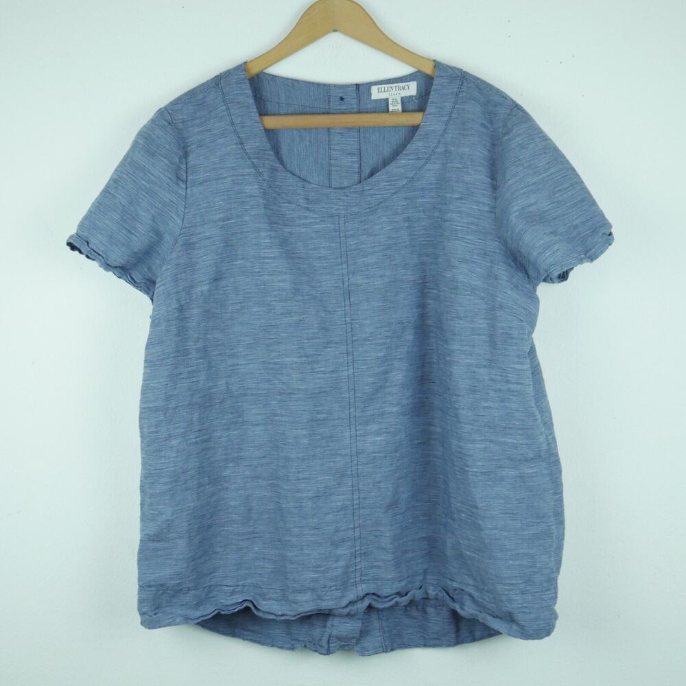 Ellen‎ Tracy XL Top Linen Blend Blue Button Back Relaxed Beachy Preppy Casual